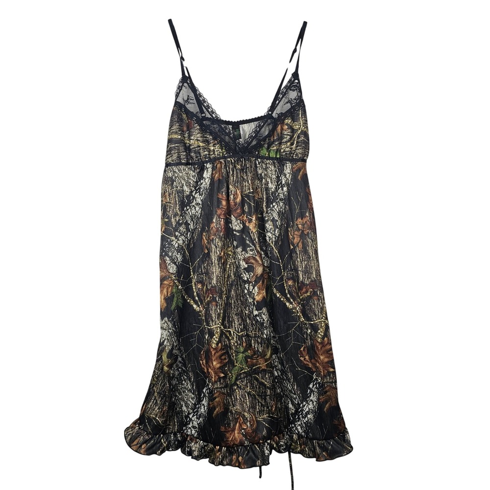 Wilderness Dreams Camo Lace Trim Chemise Nightgown Medium Ruffle Back Tie Brown